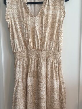 LOFT Cream and Beige Printed V-Neck Midi Dress